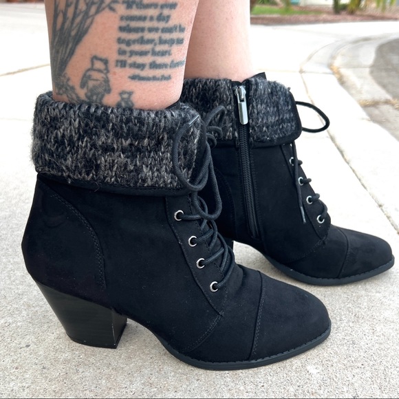 Torrid Sweater Cuff Black Vegan Leather Ankle Heeled Boots Booties - Picture 1 of 8